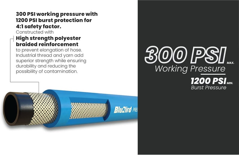BLUBIRD BB3815 3/8" x 15' Rubber Air Hose, 100% Rubber, Lightest, Strongest, Most Flexible, 300 PSI, 50F to 190F Degrees, Ozone Resistant, High Strength Polyester Braided - Image 5
